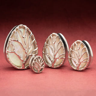 Tree of Life Stainless Steel Teardrop Plugs with Mother of Pearl