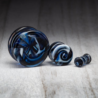 Blue/Black/White Marble Swirl Double Flare Glass Plugs