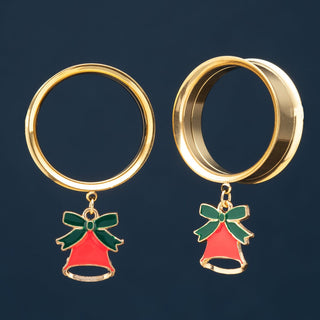 Gold Stainless Steel Tunnels with Dangling Red Bell