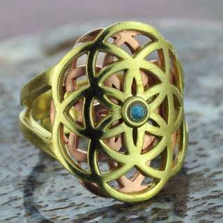 Brass and Copper Ring with Turquoise Center